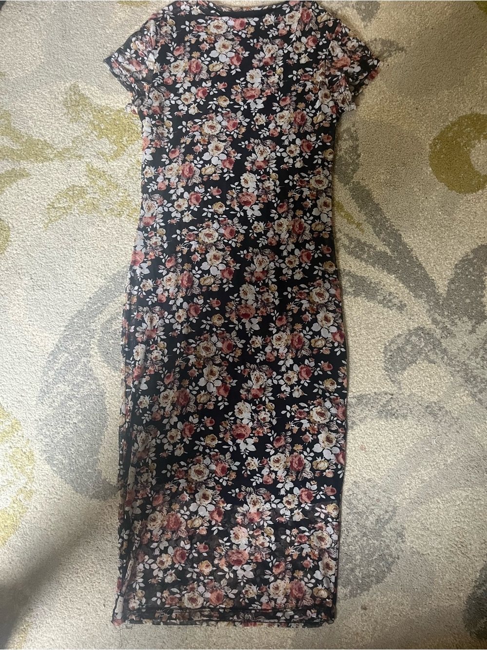 Floral Midi Dress in Black with Pink & Cream Blooms